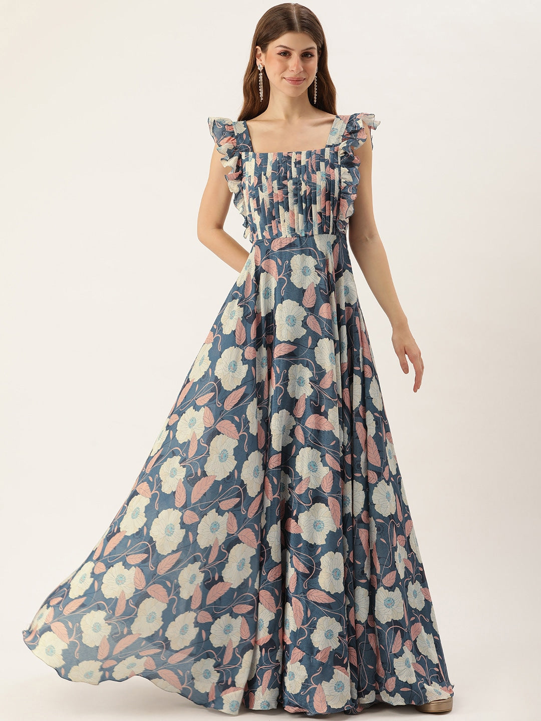 Floral Print Pleated Gown Maxi Dress
